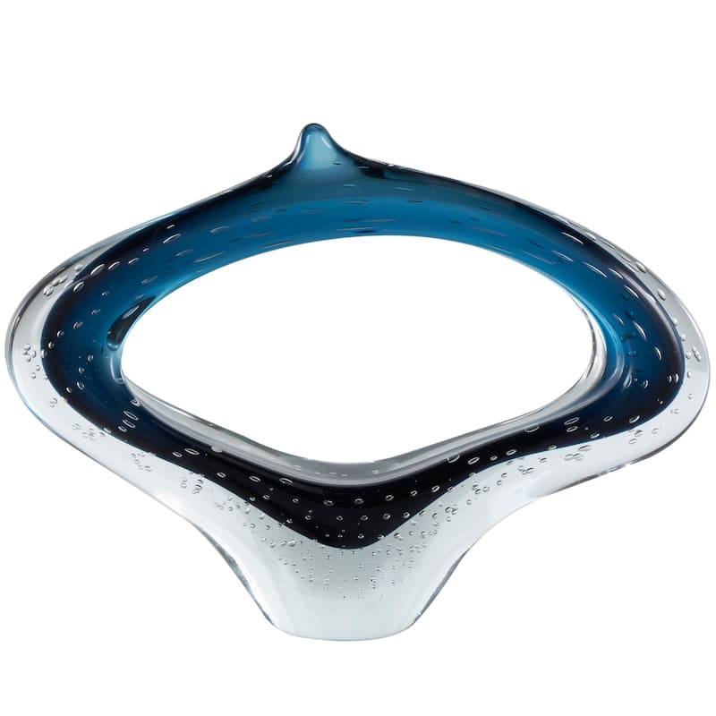 Dark Blue or Copper Glass Cutout Oval Ombre Abstract Sculpture with Bubble Texturing and Clear Accents