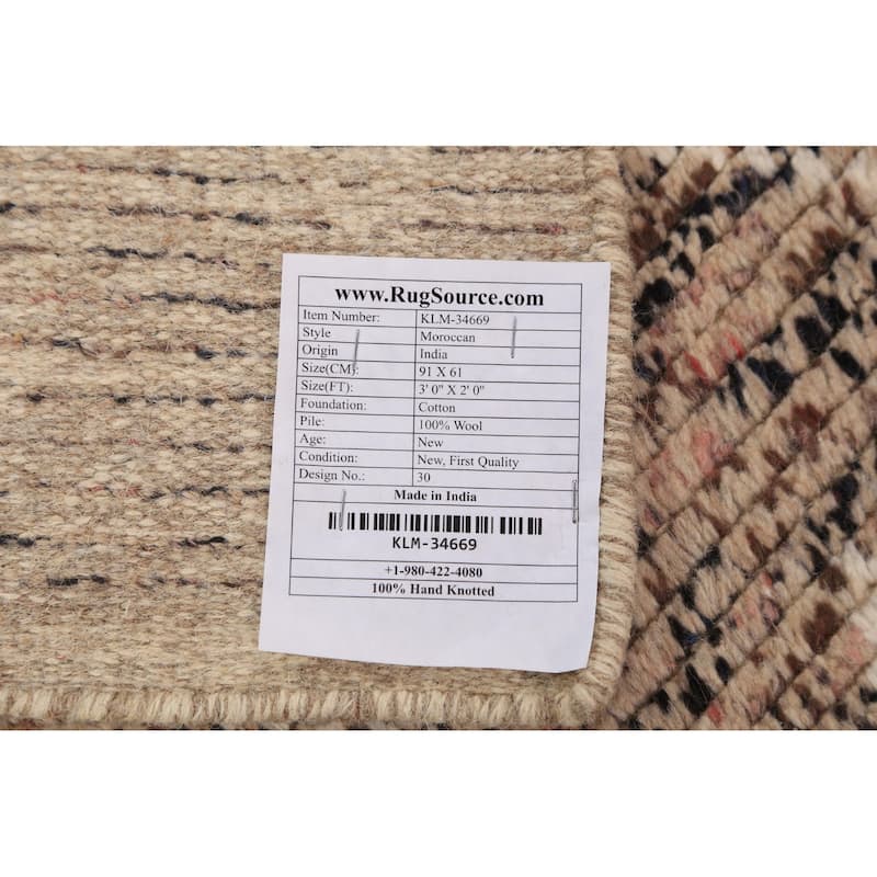 Moroccan Oriental Foyer Rug Handmade Beige Wool Carpet - 2'0"x 3'0"