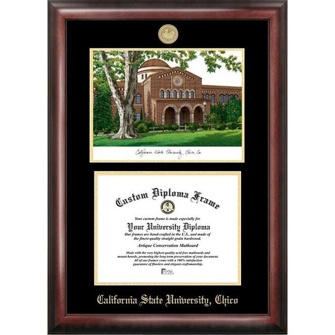 California State University, Chico 11w x 8.5h Gold Embossed Diploma Frame with Campus Images Lithograph