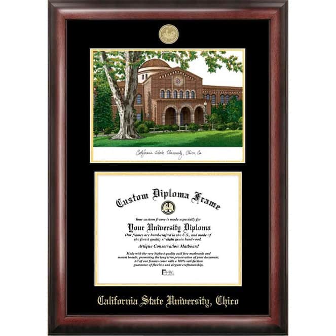California State University, Chico 11w x 8.5h Gold Embossed Diploma Frame with Campus Images Lithograph