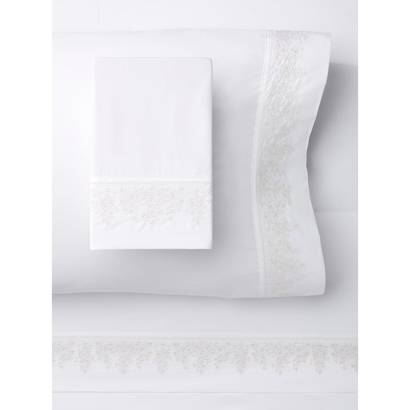 Leaf Stone Embroidery Percale Cotton Sheet Sets - White - California King