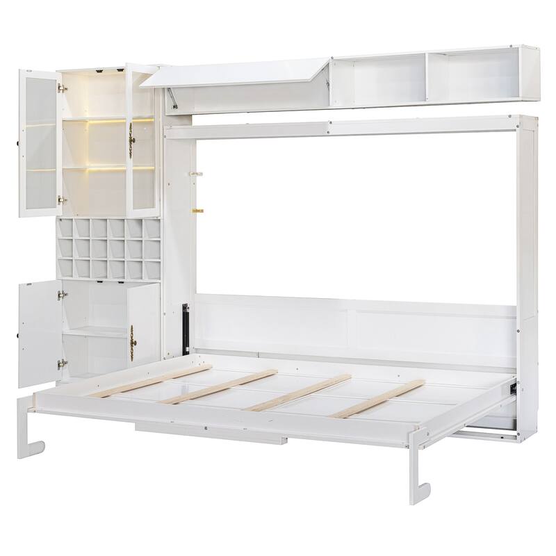 Queen Size Wall Bed with Sofa, Shelves, USB & Light, Space-Saving Design, Easy Storage, White