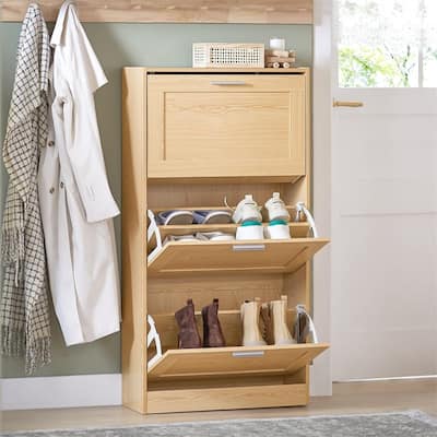 Natural Shoe Storage Cabinet with 3 Flip-Drawers - 9.1"D x 23.4"W x 45.2"H
