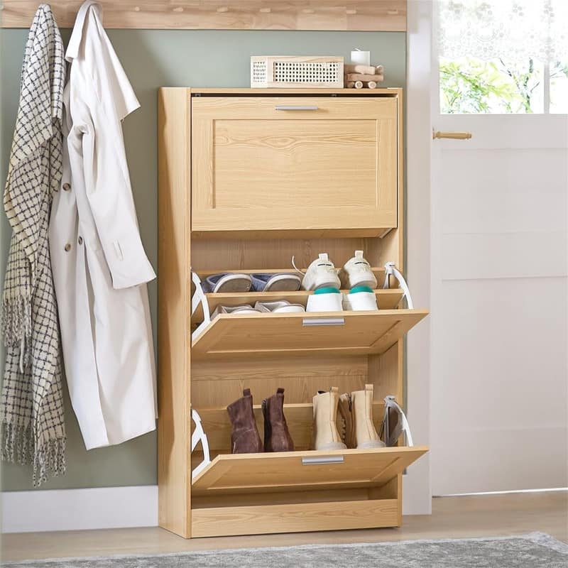 Natural Shoe Storage Cabinet with 3 Flip-Drawers - 9.1"D x 23.4"W x 45.2"H
