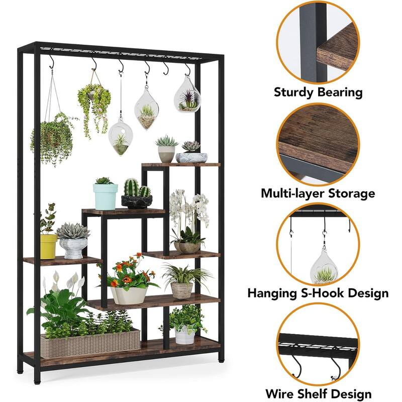 Black-Brown Metal and Particle Board 7-Shelf Ladder Plant Stand - 39.37” x 11.81” x 70.86”
