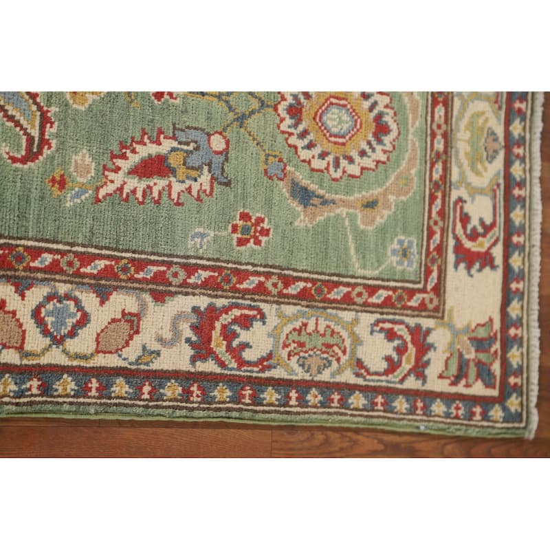 Floral Kazak Runner Rug Handmade Green Wool Carpet - 2'2" x 5'11"
