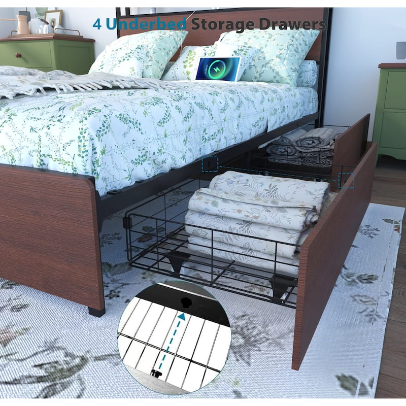 King Size Storage Bed with 4 Drawers, Platform Bed with LED Lights Storage Headboard and Charging Station