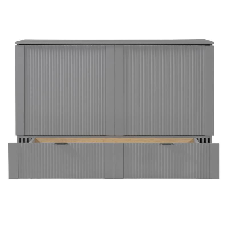 Queen Size Wall Bed with Drawer, USB Ports & Smooth Pulley Mechanism, Space-Saving Gray Cabinet Bed