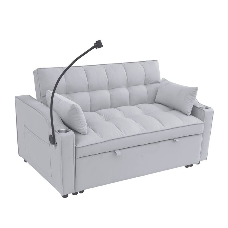 Light Gray Modern 70.2" Velvet 3 in 1 Loveseat Convertible Sofa Bed with Adjustable Back and USB Charging Port for Living Room