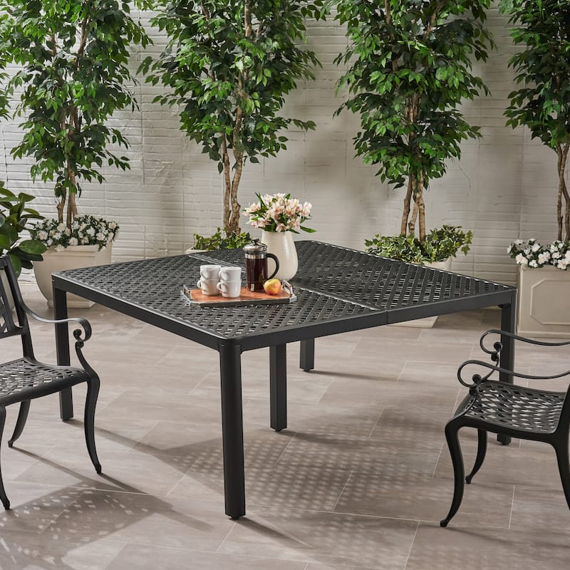 Outdoor Modern Aluminum Dining Table with Woven Accents,Antique Matte Black,for Dining Room, Home Office - Black