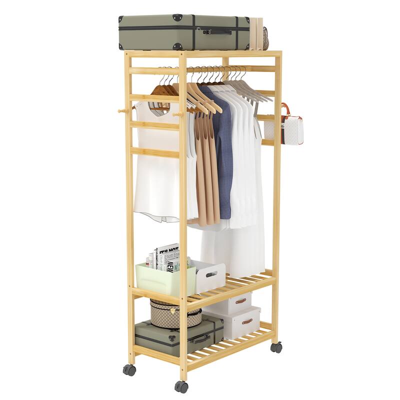 3 tier Movable Wood Clothes Rack Stand with Shelves Durable Side Hooks
