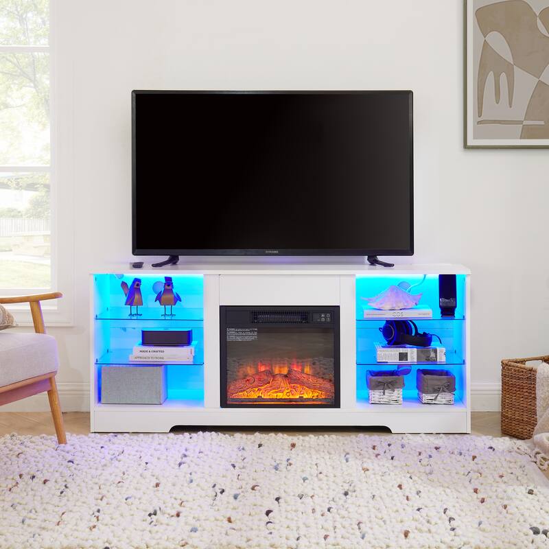 58'' TV Stand for TVs up to 62" with 3D Electric Fireplace, Glass Shelves, LED Lights and USB Charging Ports