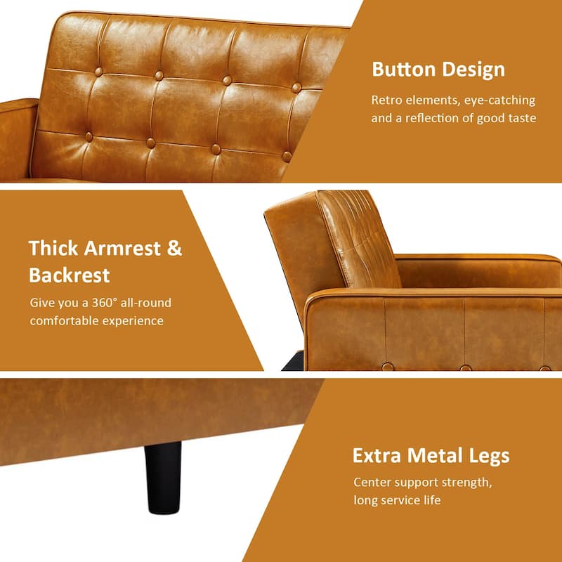 74.4” L Faux Leather Full Handcrafted Button Tufted Sofa 3-Seat, Convertible Sleeper Couch Adjustable Backrest
