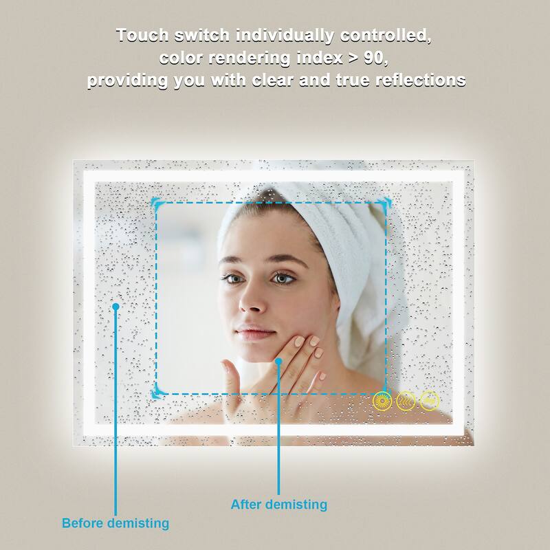 GlareGuard 24x36" Rectangular Anti-Fog Dimmable Backlit LED Bathroom Vanity Mirror - Clear