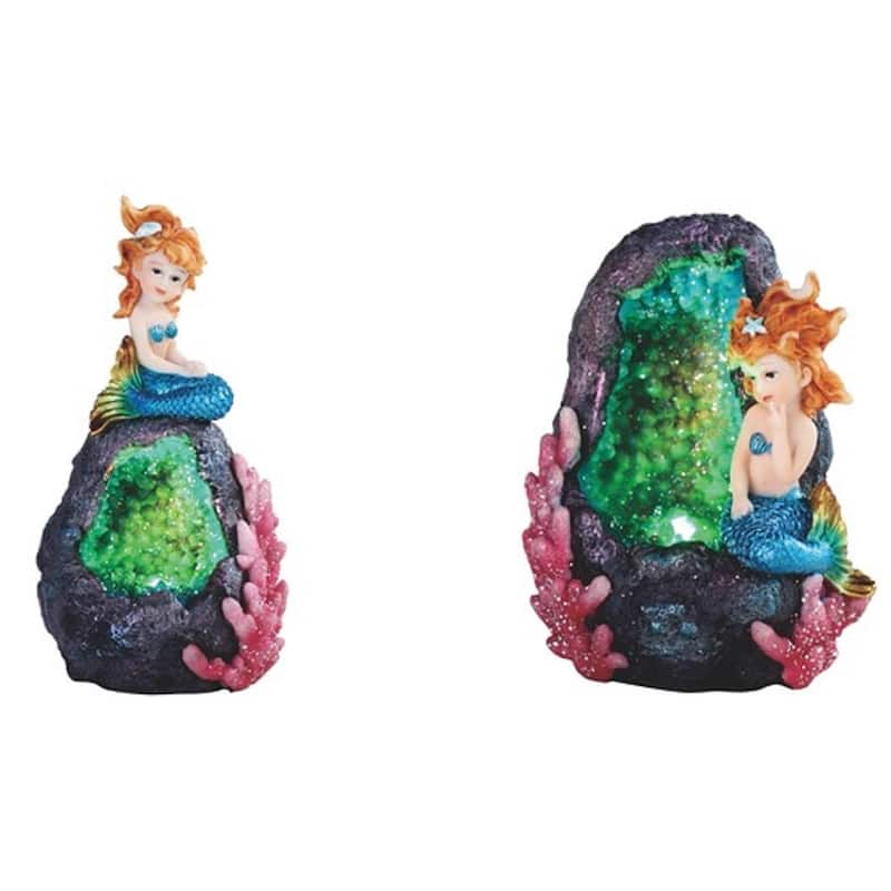 Q-Max 2-Piece Blue Mermaid with LED Faux Green Crystal Cave Rock Geode ...