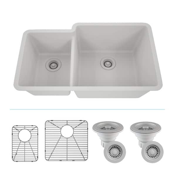 slide 2 of 12, Lexicon Platinum Quartz 40/60 Double Bowl Kitchen Sink Galaxy White