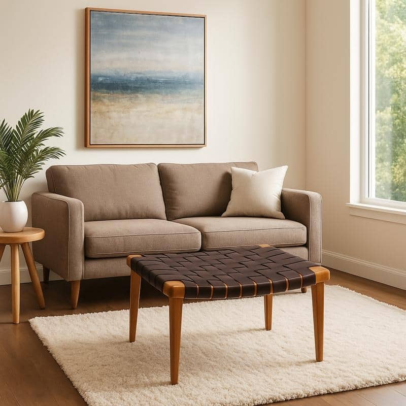 Aria Home Brown Rene Accent Stool with Recycled Leather Seat & Ash Wood Frame