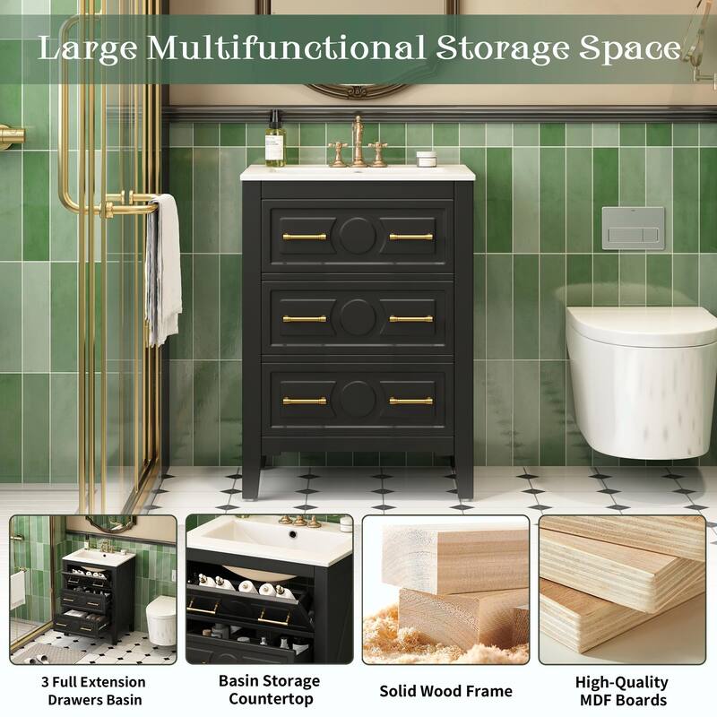 24" Bathroom Vanity with Ceramic Sink Combo, Free-Standing Single Vanity Set with 3 Drawers