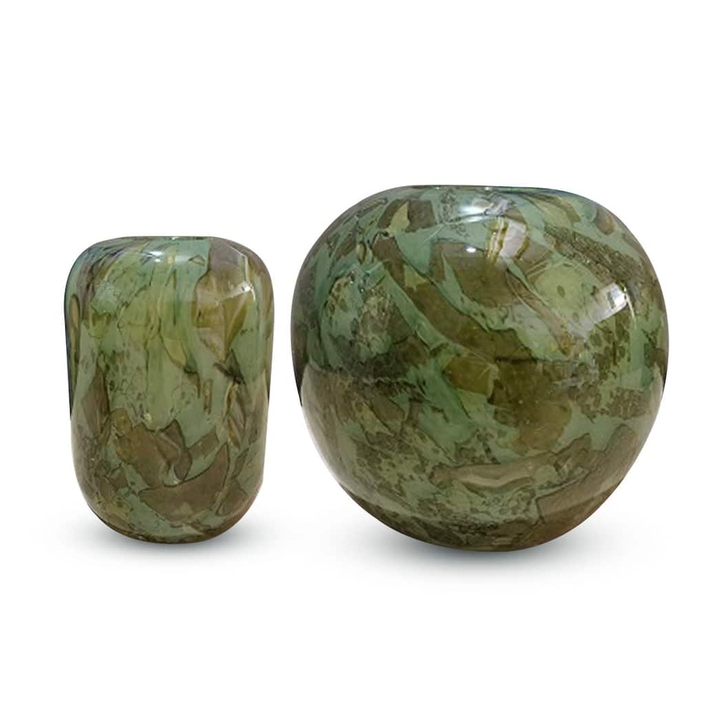 Aria Home Green Handblown Round Glass Vases Set of Two with Abstract Design