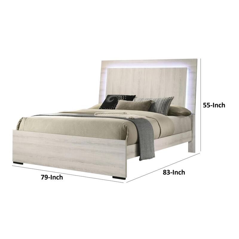 Hyao King Size Bed w LED Headboard, White Wash Paper Veneer