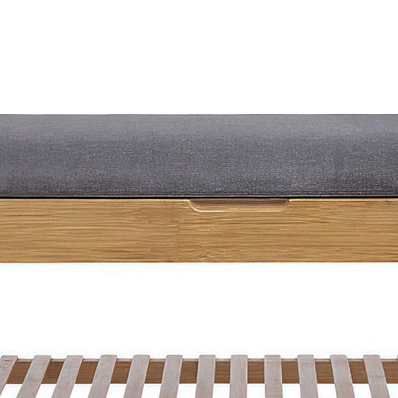 Mindy Shoe Storage Bench, Gray Polyester Seat, Walnut Brown Bamboo, 36 Inch