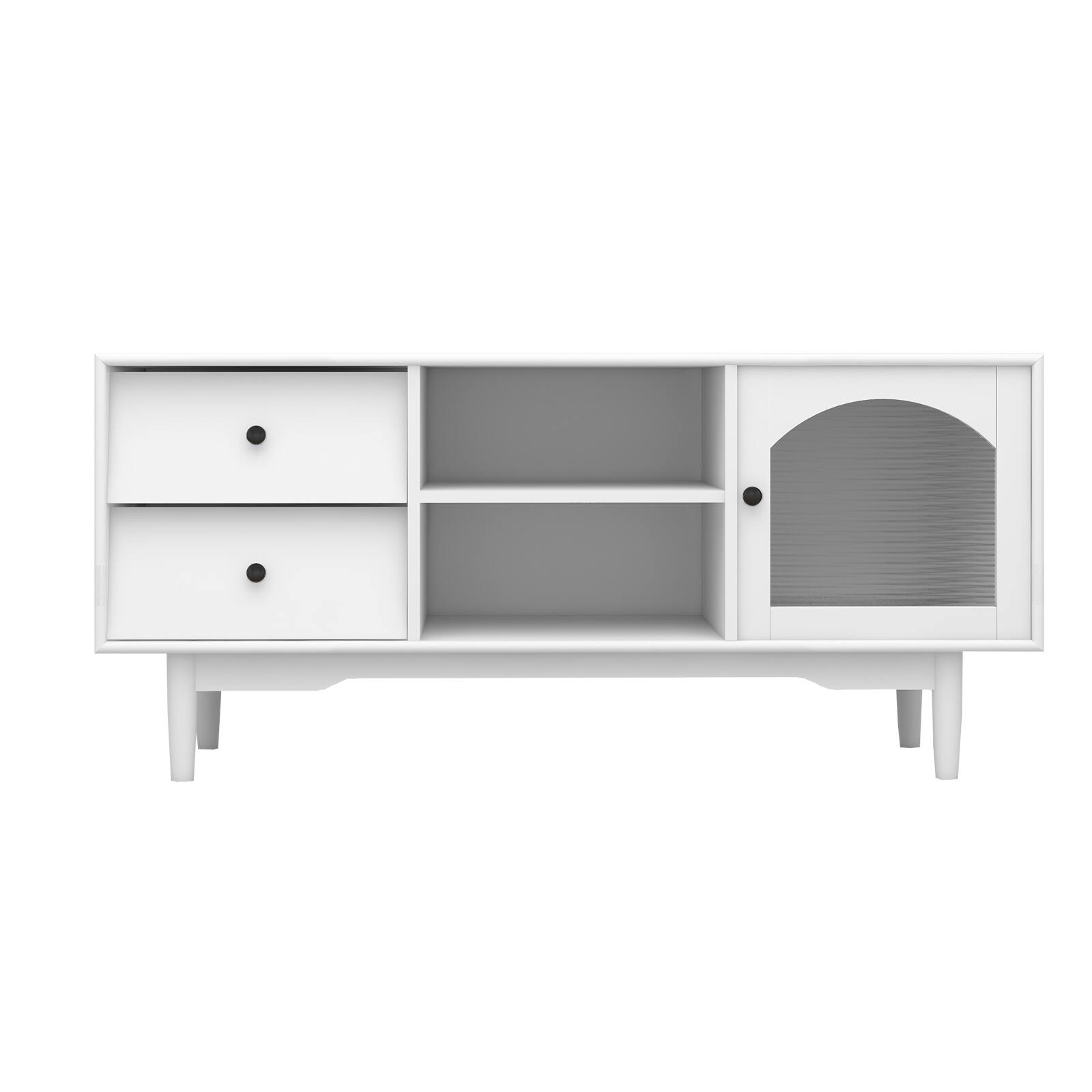 White TV Stand with Drawers and Open Shelves, A with Glass