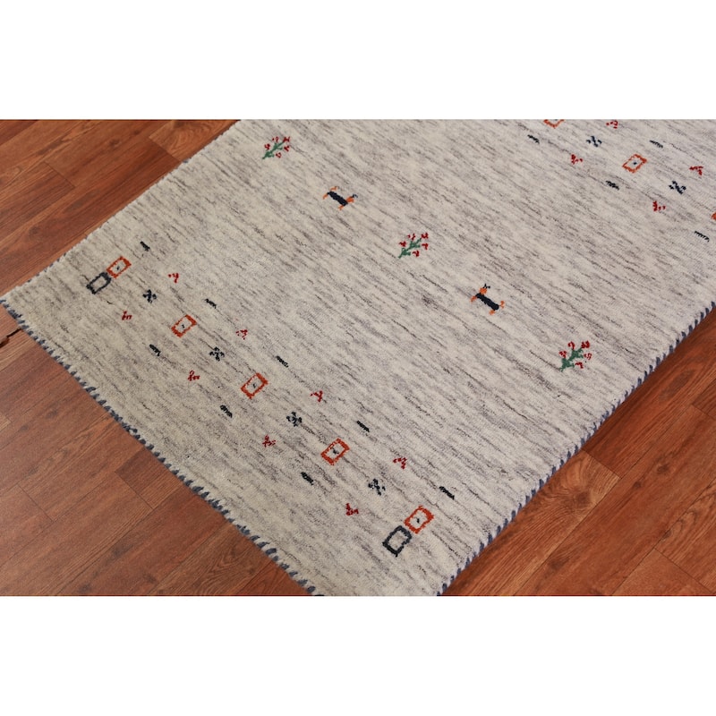 Hand Knotted Oriental 100% Wool Carpet Tribal Animal Pictorial Beige & Ivories Gabbeh Runner Rug - 9' 10'' X 2' 7''