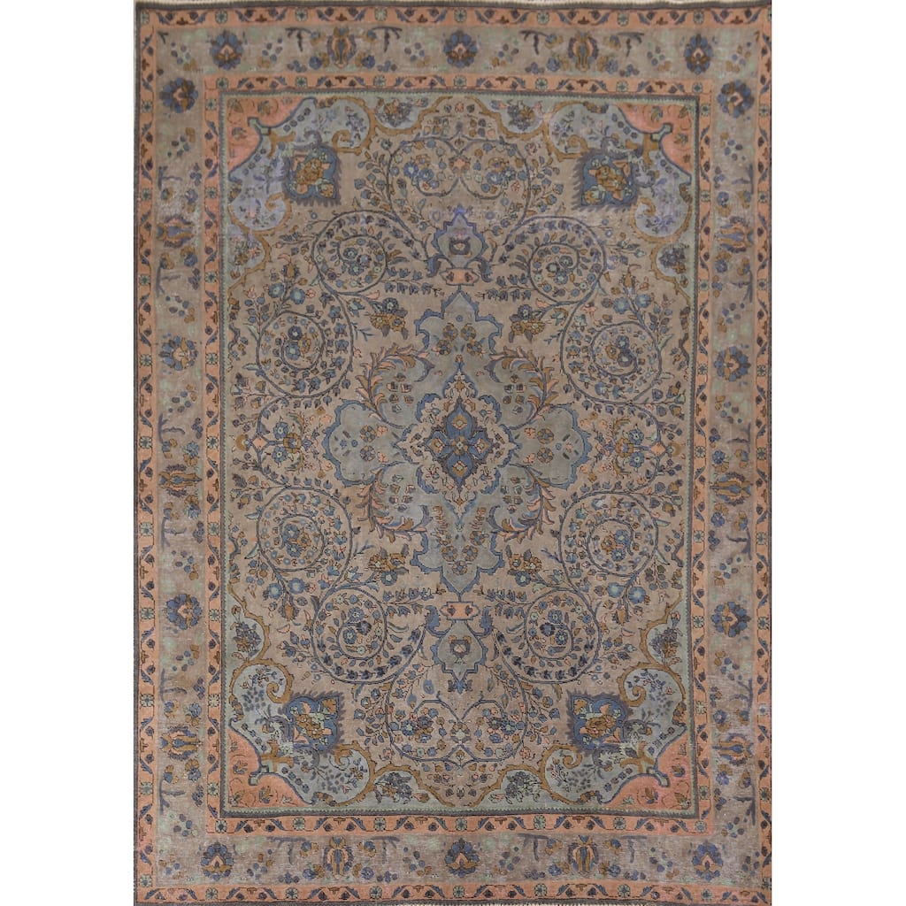 Distressed Tabriz Persian Antique Area Rug Handmade Wool Carpet - 8'0" x 10'9"