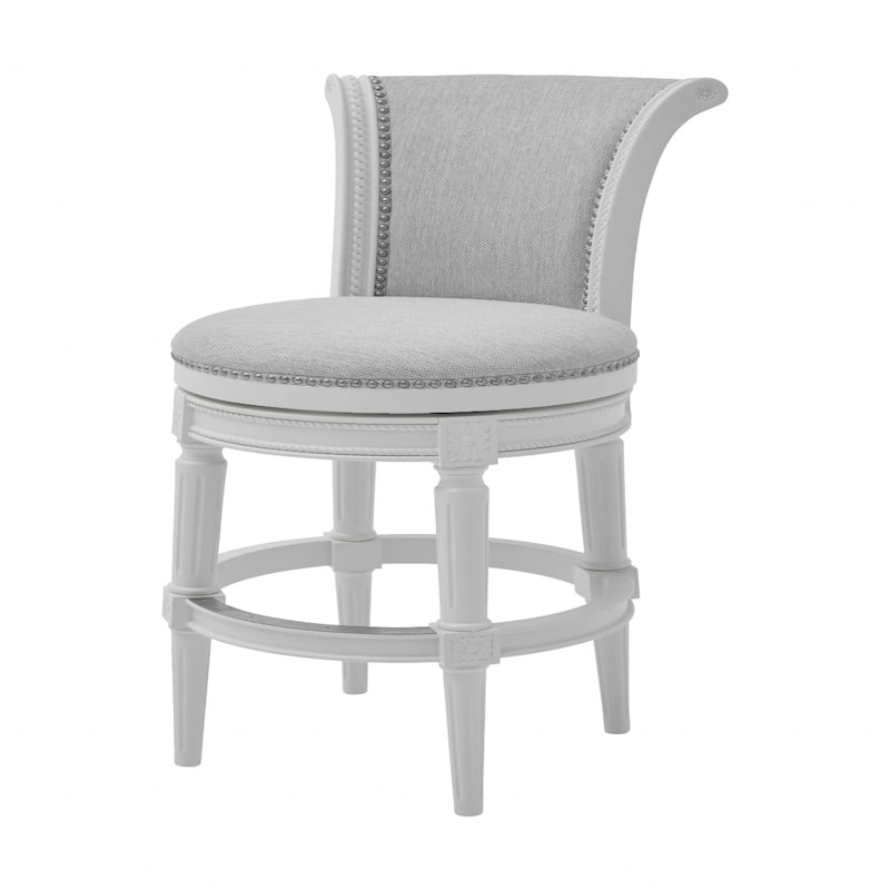 White Wood Frame Swivel Bar Chair with Linen Seat and Footrest - White-Grey-45"