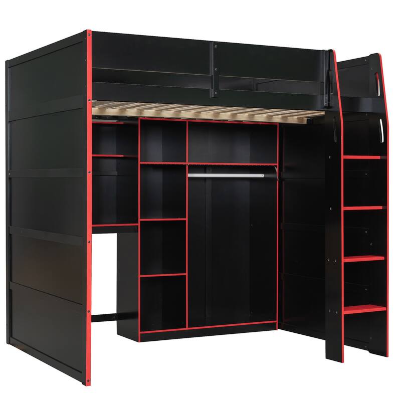 Full Size Wood Loft Bed with Desk,Open Wardrobe,Storage Compartments and RGB Lights