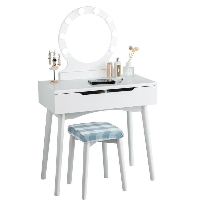Dressing Table with Large Round Mirror and 8 Light Bulbs for Bedroom - 31.5" x 16" x 52" (L x W x H)