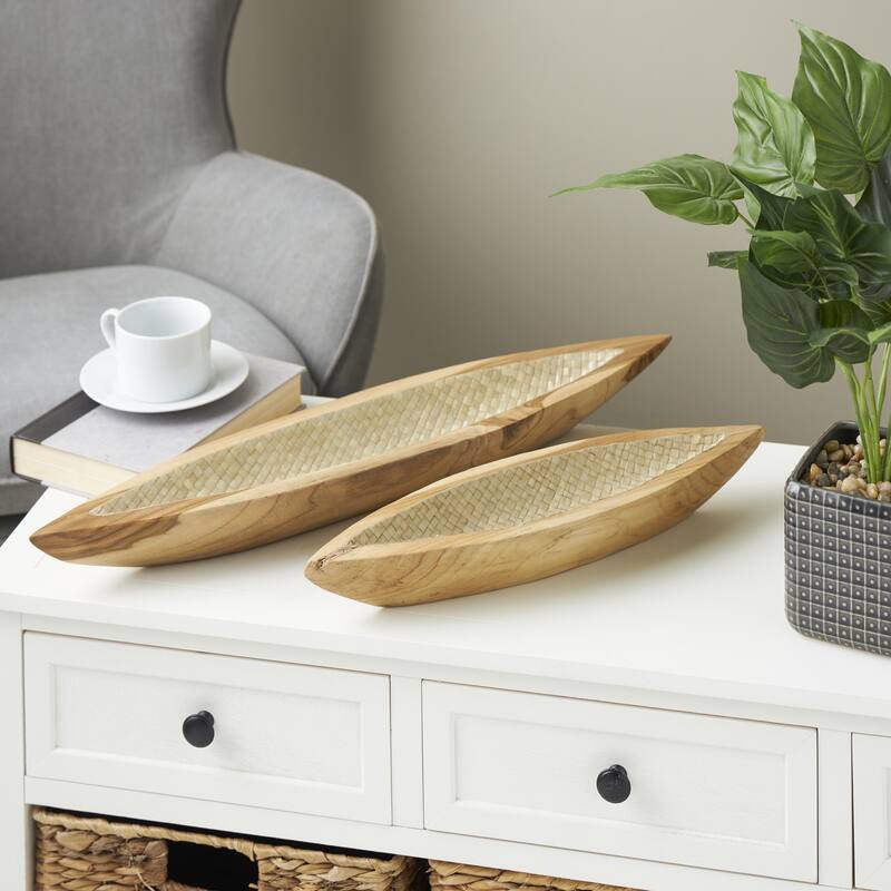 Teak Wood Boat Handmade Carved Living Room Decor Tray with Woven Palm Leaf Interior - Set of 2 Brown - Roche River Decor