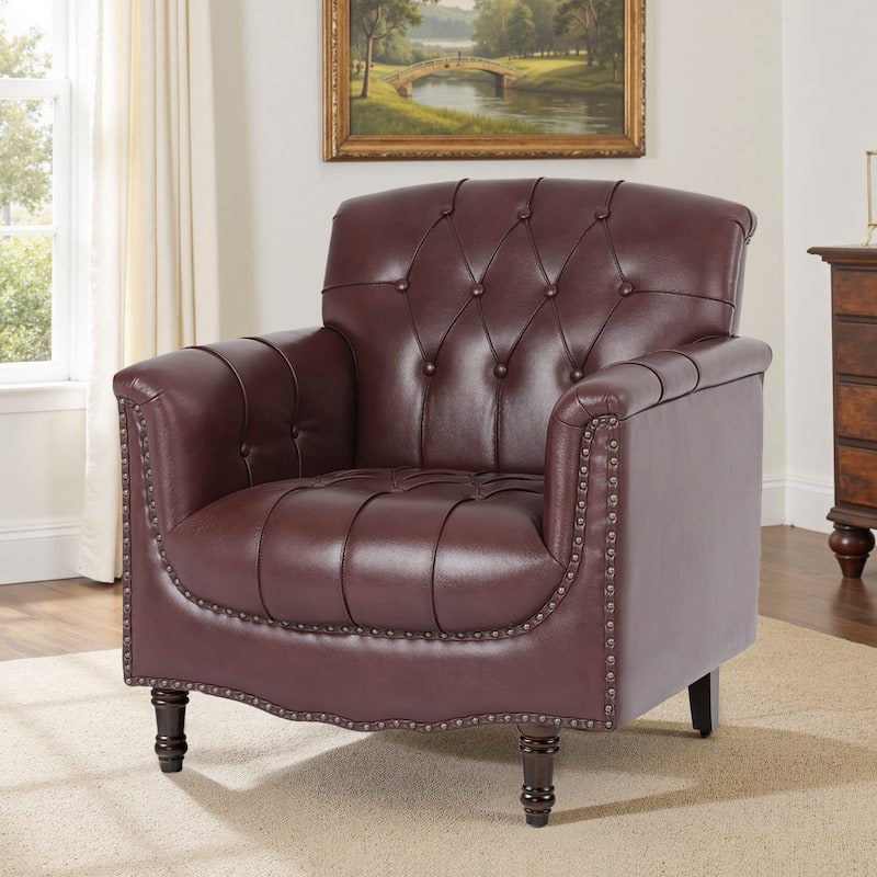 PU Leather Tufted Accent Chair with Nailhead Trim Armchair - Red Brown