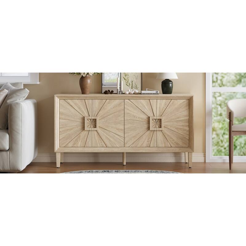 Sideboard Buffet Cabinet with Sunburst 4 Doors, Heavy-Duty Wooden Storage Cabinet, Accent Cabinet with Adjustable Shelves