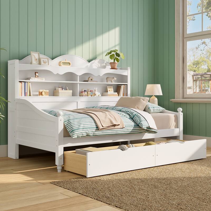 Twin Daybed with Storage Drawers and Headboard Shelving Wooden Frame