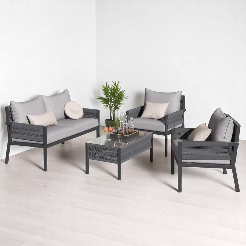 4-Piece Boho Patio Furniture Set with outdoor sofa Handmade Rope Weave,Tempered Glass Table, and Cushions-Patio Conversation Set - Grey