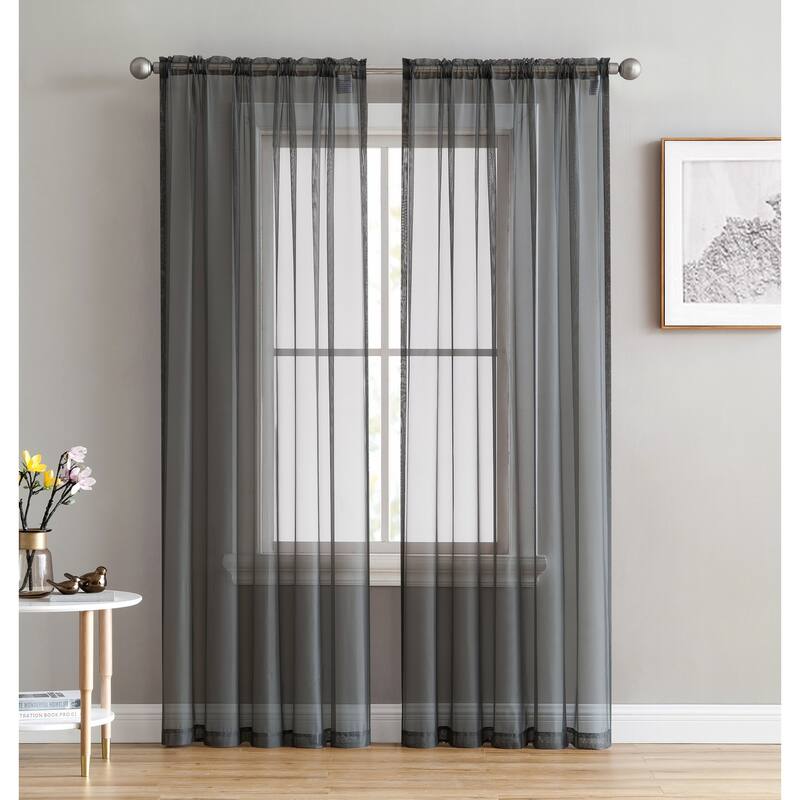 HLC.me Sheer Voile Window Treatment Rod Pocket Curtain Panels for Bedroom, Living Room, Kitchen - Set of 2 panels - 54 W x 95 L per panel - Pair - Charcoal Grey