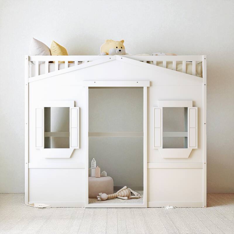 Twin/Full Size Wood Loft Bed with Ladder and Guardrails, House-Style Frame for Kids or Teens
