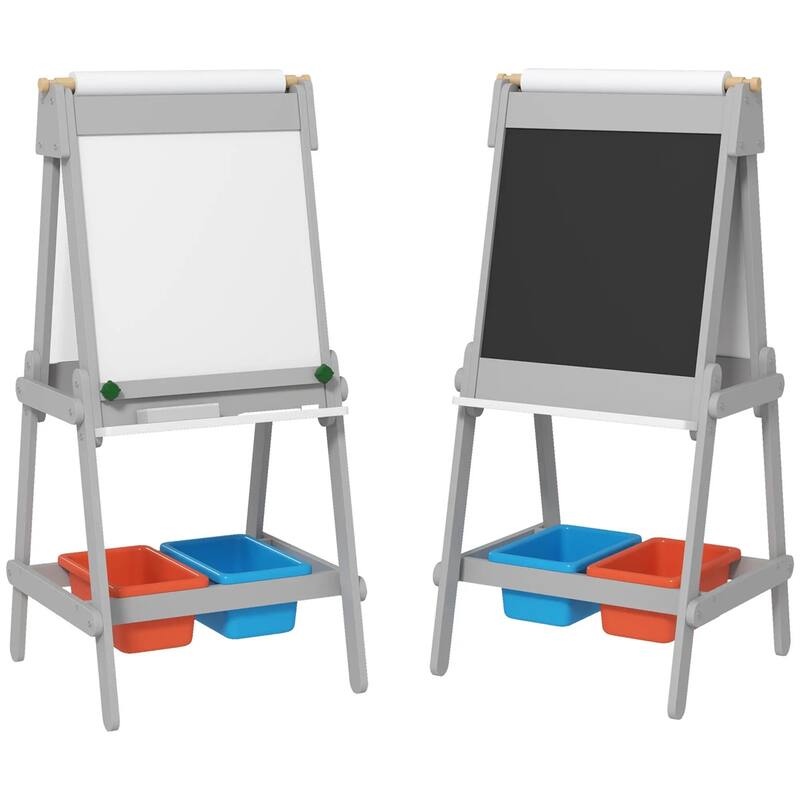 3-in-1 Kids Art Easel with Chalkboard Whiteboard Paper Roll Storage Boxes Pen Holder for Toddlers Ages 3-8 Gray