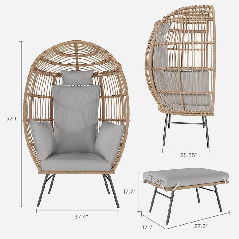 Rattan Wicker Egg Chair with Ottoman with Cushion for Balcony, Porch, Backyard