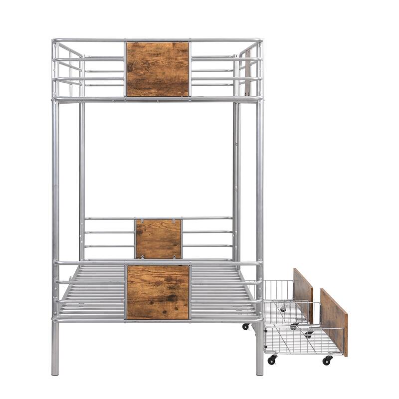 Metal Bunk Bed with MDF Board Guardrail and Two Storage Drawers