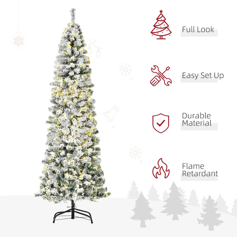 HOMCOM Pre-Lit Snow-Flocked Slim Douglas Fir Tree - Realistic Branches, LED Lights - Green