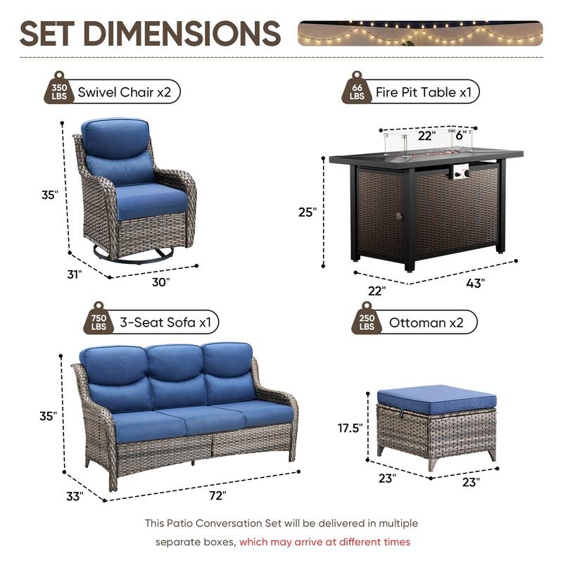 Pocassy 6/7 Piece Patio Sofa Swivel Chair Set with 43" Fire Pit Table