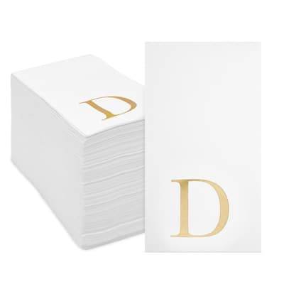Gold Foil Initial Letter D White Monogram Paper Napkins (4 x 8 In, 100 Pack)