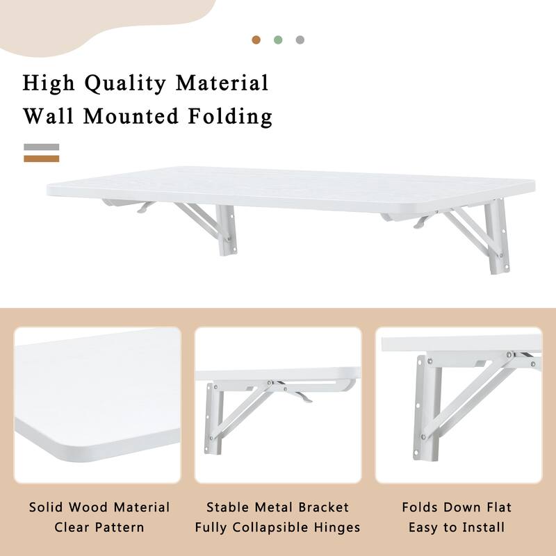 Minimalist Folding Wall Mounted Table Desk with Steel Brackets and Smooth Rounded Corners for Small Space or Home Office