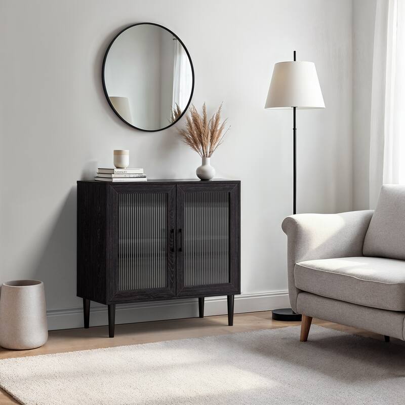 Ethan 2 Fluted Glass Door Compact Sideboard Buffet with Shelves - Distressed Dark Gray