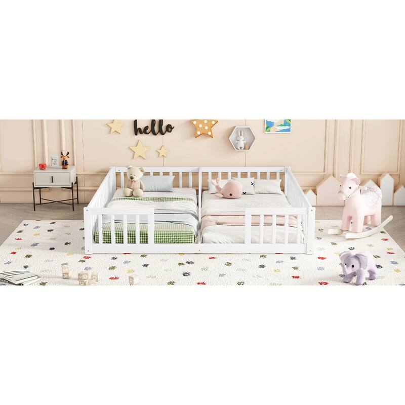 Roomfitters Double Twin Floor Bed Frame with Fence and Guardrails, Low Profile Shared Platform Bed, No Door Design