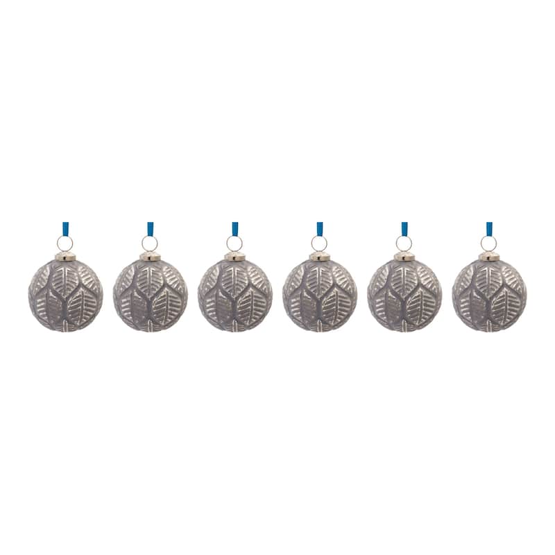 Etched Leaf Glass Christmas Ball Ornaments 4" (100M) Gray White 6Ct