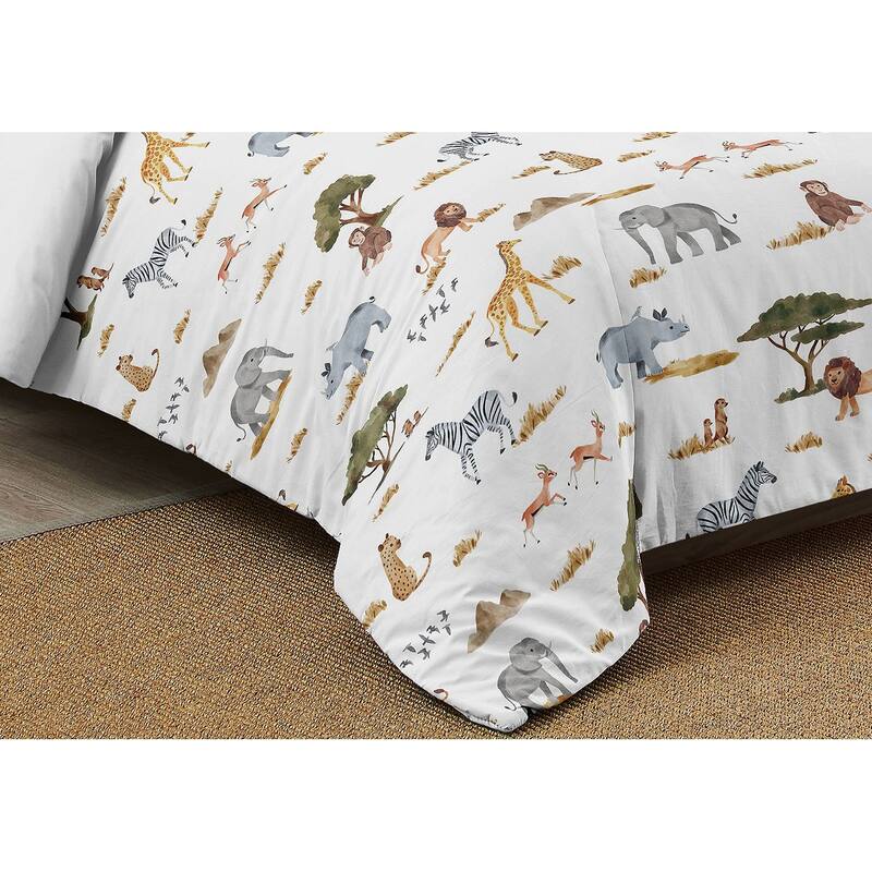 Jungle Animals 2pc Twin Comforter Set Hunter Green Yellow Grey Black and White Wildlife Safari Animal Elephant Giraffe Monkey