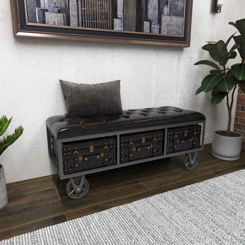 Black Faux Leather Tufted Upholstered 3 Trunk Storage Bench with Industrial Wheels and Gold Studded Accents